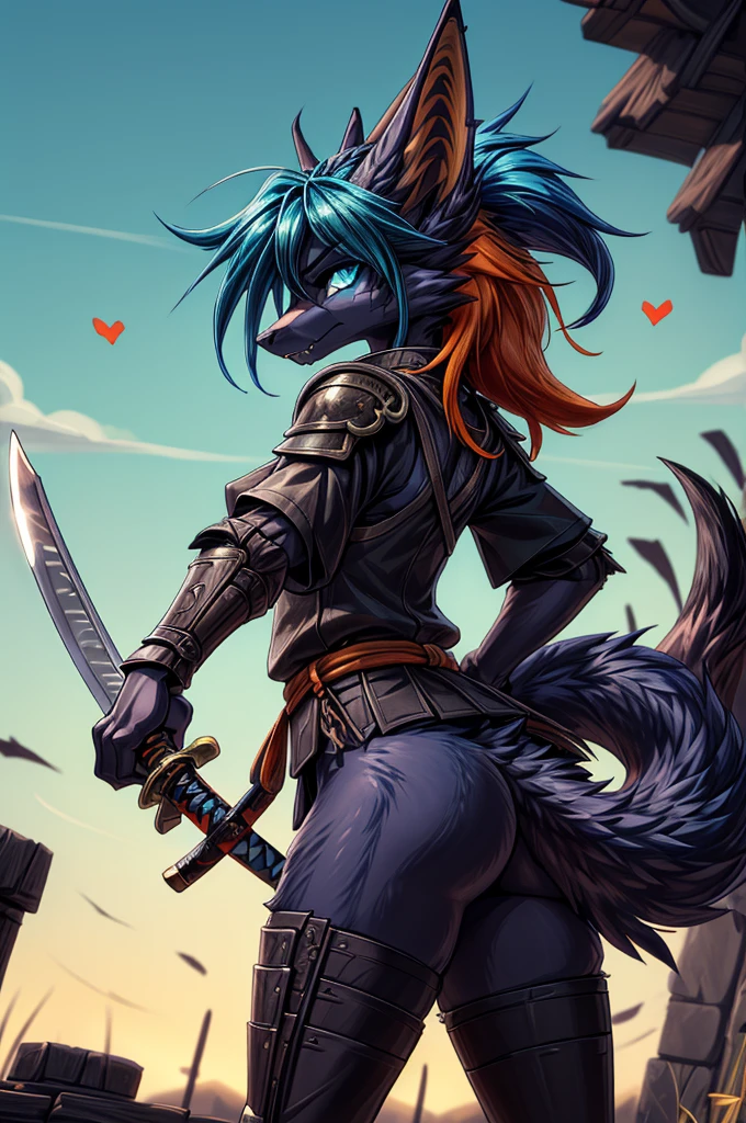Masterpiece Best quality, the best definition to add aesthetic and lighting details, dark kitsune, Black girl jackal, teen girl, ,black body, pirate, messy hair, ((Orange hair,with blue locks)), (turquoise tail), detailed blue eyes, submissive pose, view from below, side view,(heart-shaped pupils) ((determined and rebellious)) detailed, (8k the best quality, masterpiece,(((sensual pose)), (bien detallada masterpiece mejor definicion)arms outstretched, behind the back samurai armor)((Katana in hand)), ((blood in your body),(tough girl) batllefield, corpse field, clawed legs, angry face, open mounth, sharp fangs