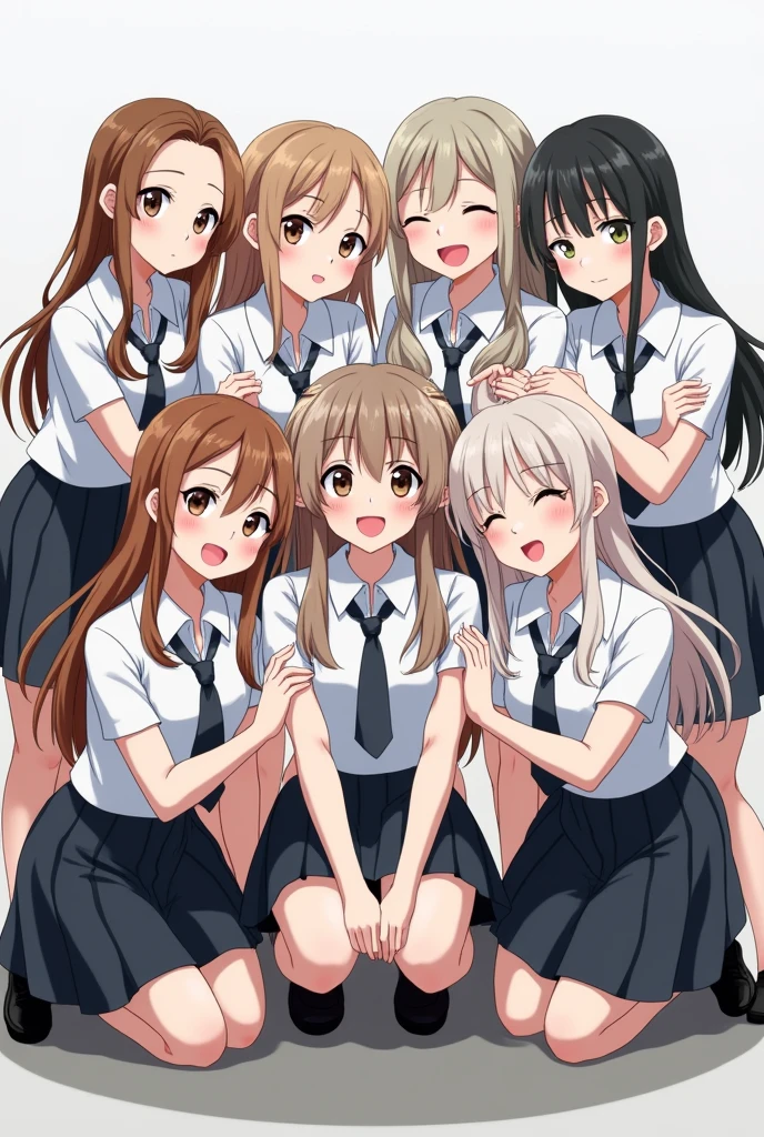 Group of school girls in white shirts and black skirts with long hair with arms crossed smiling crouching
