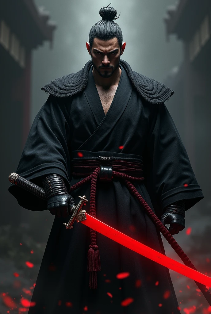 A 5'4 tall man wearing a samurai dress with. Holding a red katana and surrounded by black aura. Having muscular body revealing abs and chest.
