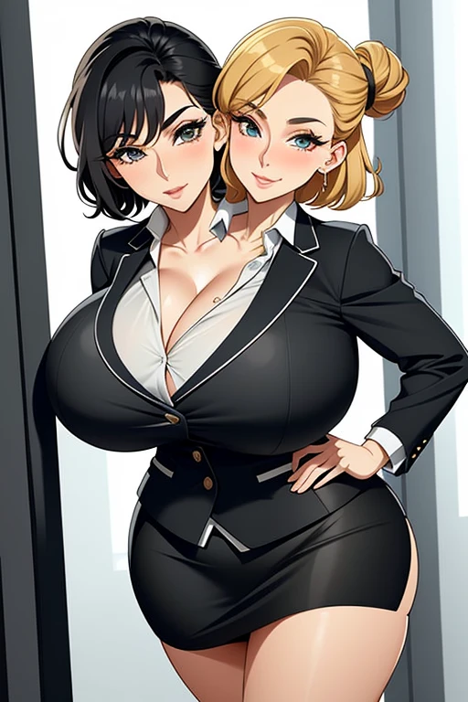 2heads, a tall woman with 2 heads. She is in an executive office. She is wearing a tight blazer and skirt. Cleavage. She has short black hair in a bun. She looks mature. Enormous fat breasts. She is very tall and mature. She is happy and smiling. Motherly, milf. Enormous fat breasts, gigantic breasts. Big nipples. Huge lips, kissy face. Winking. Horny, aroused.
