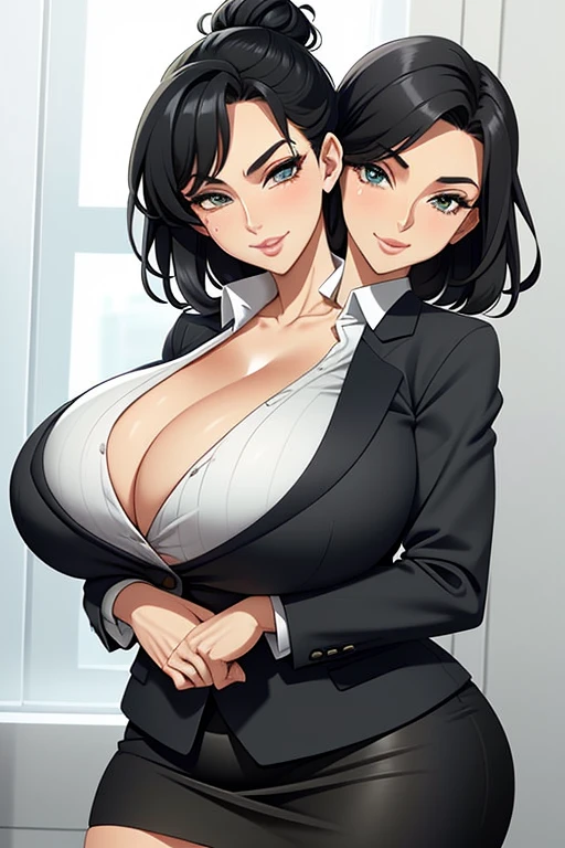 2heads, a tall woman with 2 heads. She is in an executive office. She is wearing a tight blazer and skirt. Cleavage. She has short black hair in a bun. She looks mature. Enormous fat breasts. She is very tall and mature. She is happy and smiling. Motherly, milf. Enormous fat breasts, gigantic breasts. Big nipples. Huge lips, kissy face. Winking. Horny, aroused.