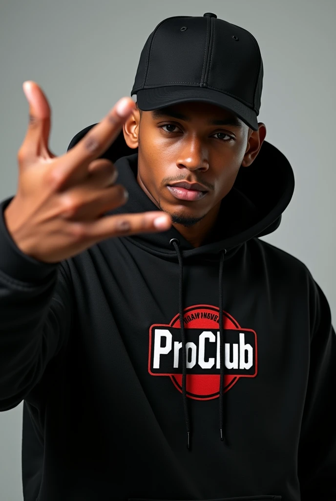 a hand some lightskin boy selfie wearimg oversized black hoodie with a pro club tshirt inside the hoodie and a fitted cap on his head and posing his hand a gang sign