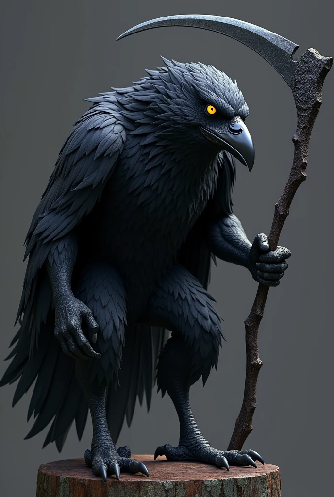 I want to create a 3d mascot, a strong and fierce black raven animal holding a scythe