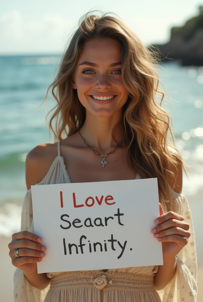 Beautiful girl with wavy long hair, bohemian dress, holding a white board with text "I Love Seaart Infinity" and showing it to the viewer