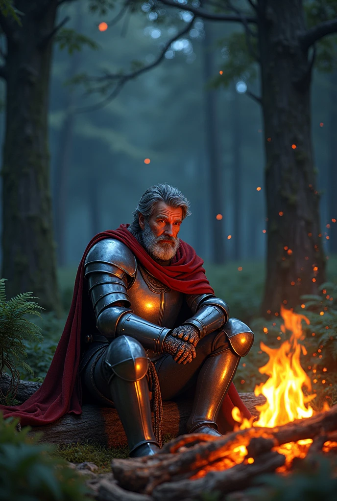 A medieval knight sitting near a bonfire