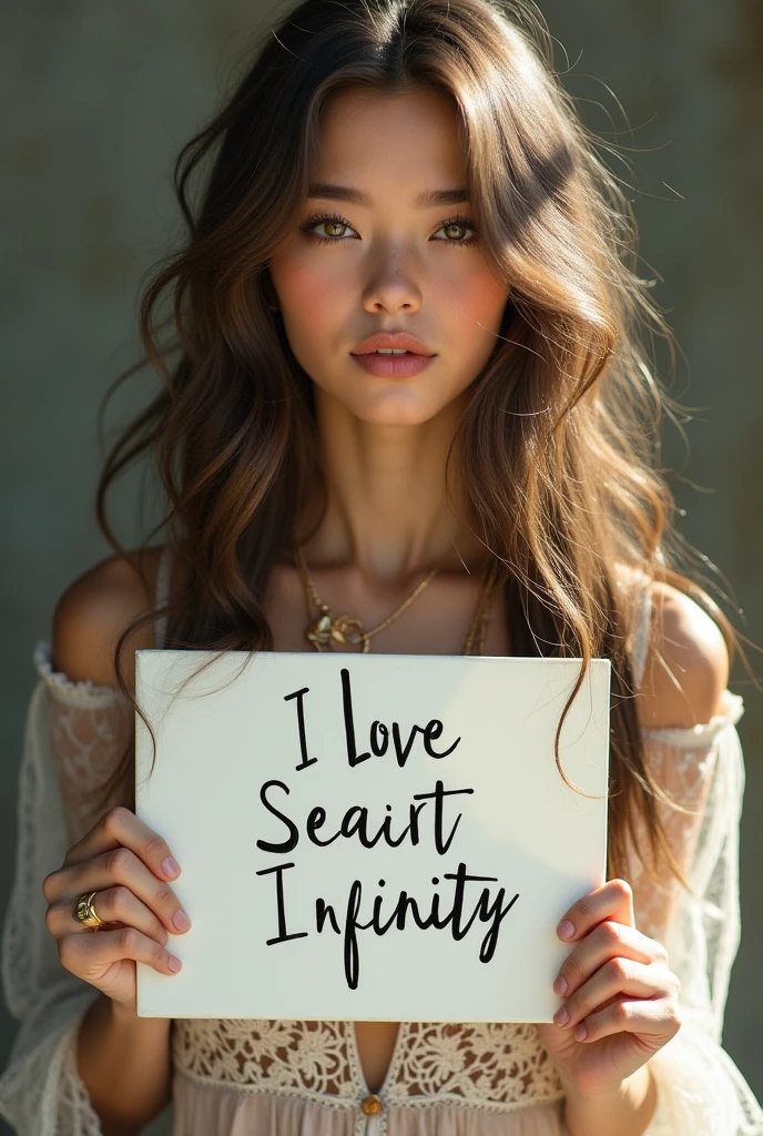 Beautiful girl with wavy long hair, bohemian dress, holding a white board with text "I Love Seaart Infinity" and showing it to the viewer