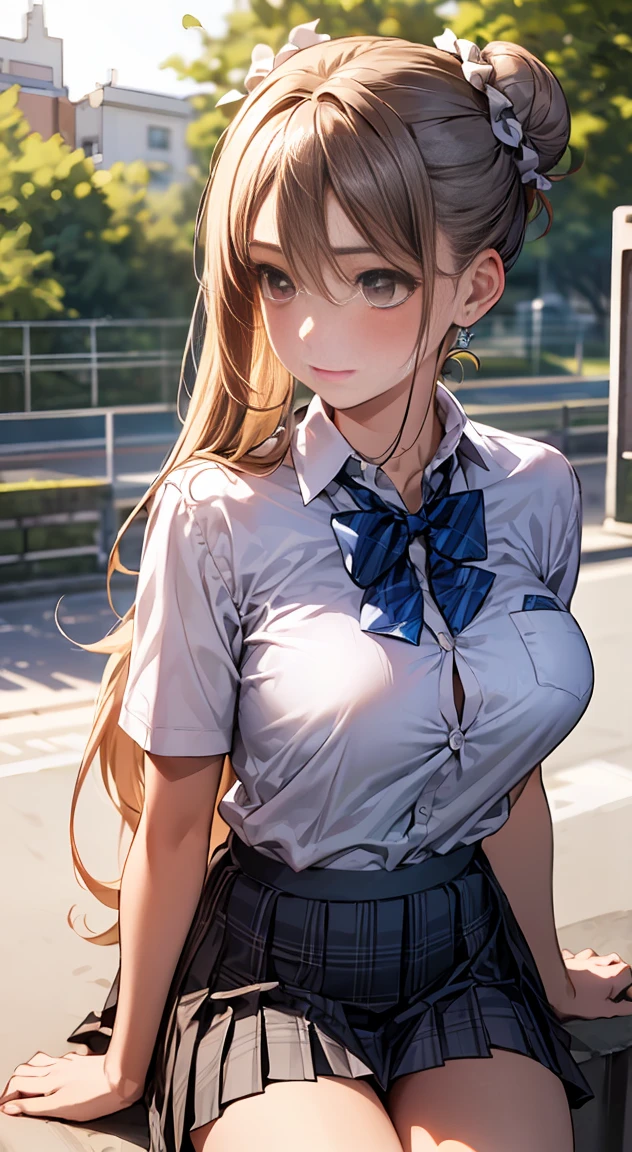 (masterpiece:1.2, Highest quality), (Realistic, photoRealistic:1.4), Beautiful illustrations,
Looking at the audience, whole body, Front view:0.6,
1 girl, Japanese, high School girl, (Long Hair:1.5), Hair fluttering, ((Hair Bun:1.5)), bangs, Hair between the eyes, Big Breasts:0.8,
Beautiful Hair, Beautiful Face, Beautiful and detailed, Beautiful clavicle, Beautiful body, Beautiful breasts, Beautiful thighs, Beautiful legs, Beautiful fingers,
(Beautiful views), , School,
((Collared short-sleeved shirt, White shirt, School uniform, Grey plaid pleated skirt, Blue checked bow tie)), White panties,
(Are standing, , Lift up the skirt, Grab the hem of your skirt, please put your hand on your chest, Place your hands between your legs),
blush, ,