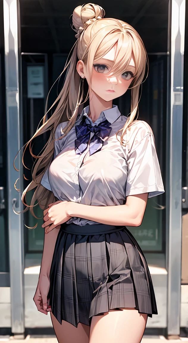 (masterpiece:1.2, Highest quality), (Realistic, photoRealistic:1.4), Beautiful illustrations,
Looking at the audience, whole body, Front view:0.6,
1 girl, Japanese, high School girl, (Long Hair:1.5), Hair fluttering, ((Hair Bun:1.5)), bangs, Hair between the eyes, Big Breasts:0.8,
Beautiful Hair, Beautiful Face, Beautiful and detailed, Beautiful clavicle, Beautiful body, Beautiful breasts, Beautiful thighs, Beautiful legs, Beautiful fingers,
(Beautiful views), , School,
((Collared short-sleeved shirt, White shirt, School uniform, Grey plaid pleated skirt, Blue checked bow tie)), White panties,
(Are standing, , Lift up the skirt, Grab the hem of your skirt, please put your hand on your chest, Place your hands between your legs),
blush, ,