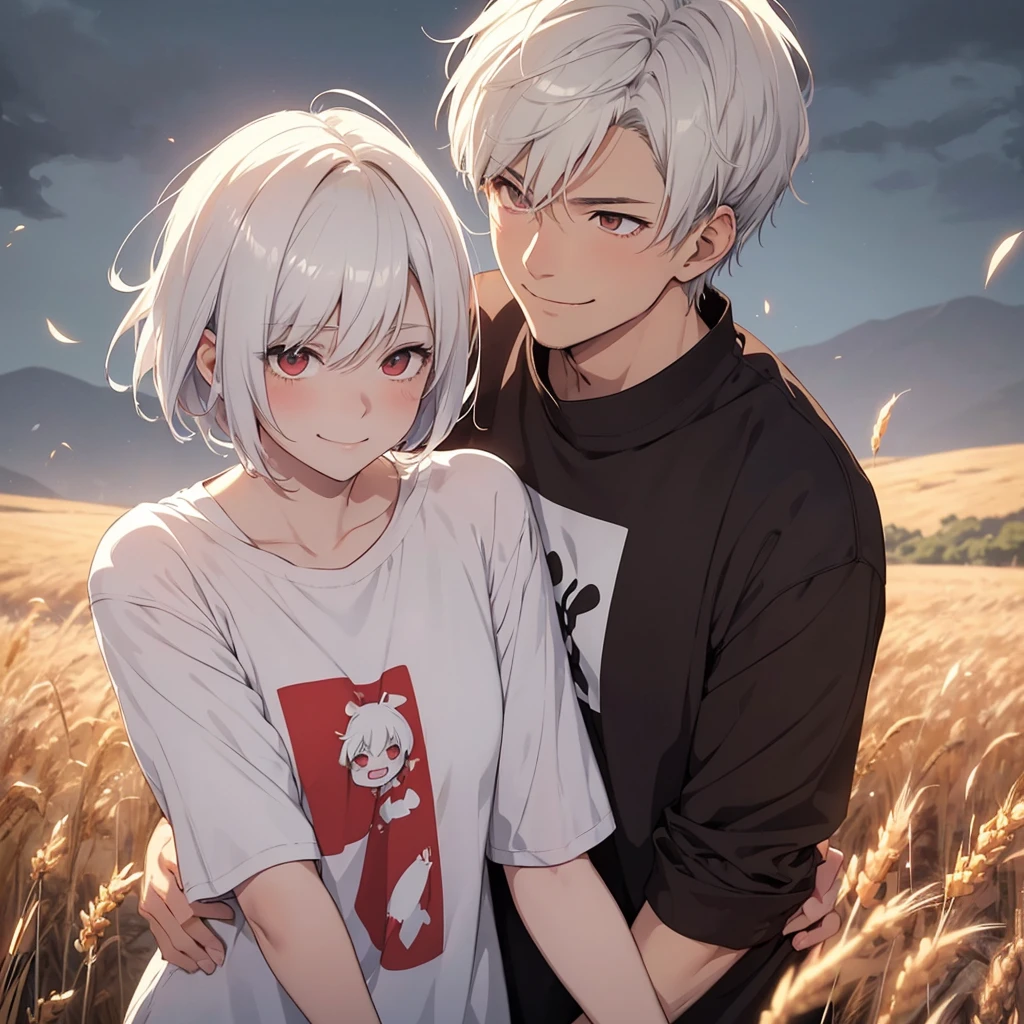 a short-haired white-haired gender female, messed by the wind, red-eyed, wearing a white t-shirt, smiling shyly, blushing face, gazing at a brown-haired gender male with black eyes, expressing a sincere smiling face, embracing each other tightly in a wheat field, gloomy evening atmosphere, realistic anime-style image with rgb lighting