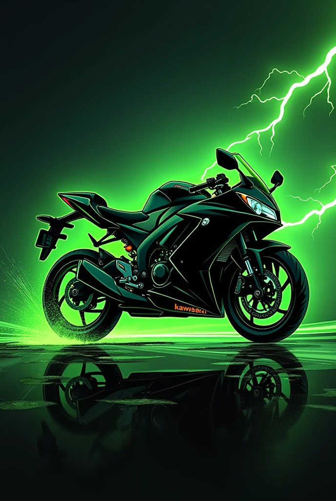 A green lightning bolt silhouette logo in the shape of a Kawasaki Ninja 300 sports bike that has just fallen on the road  , the angle is in profile, striking, At the bottom it should say Green Ray and the lightning bolt should be behind the bike and fall to the surface, drawing style 