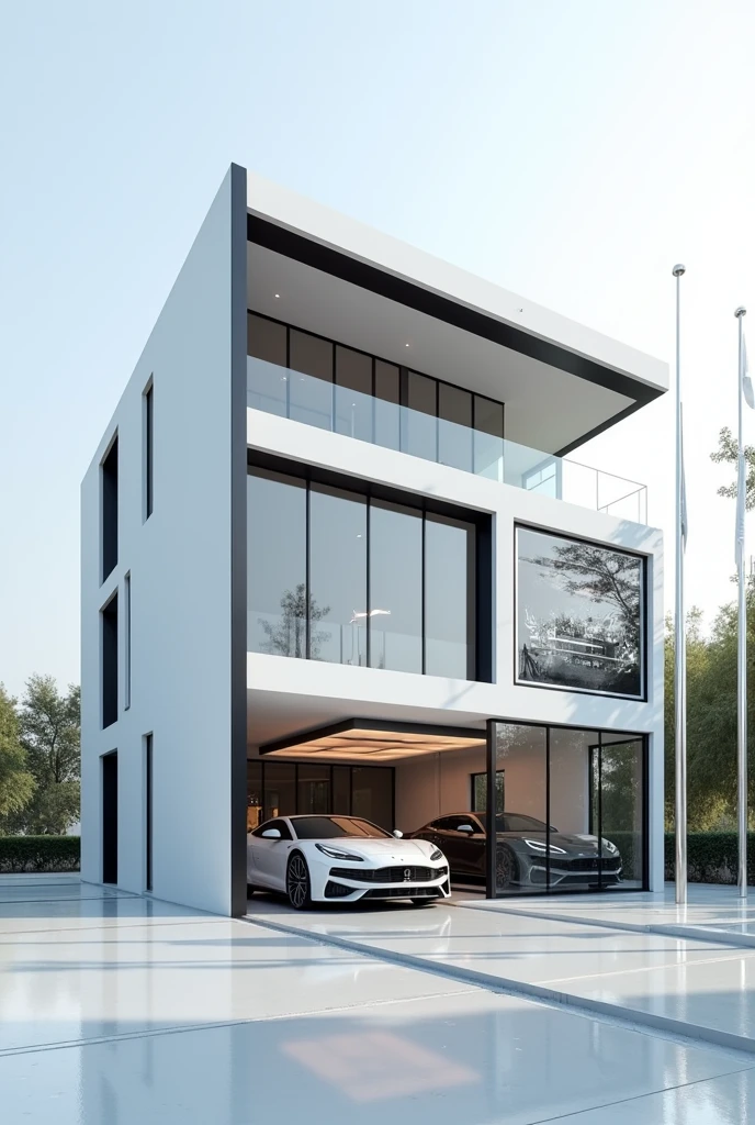“A three-story car modification shop named 'The Natraj,' with a fully white building and a very beautiful aesthetic elevation. There are no glass windows at the front. At the bottom, there is a black border with a transparent square door. On the right side, there is a large transparent glass section displaying a sports car inside, and large modification flags are placed on the side."