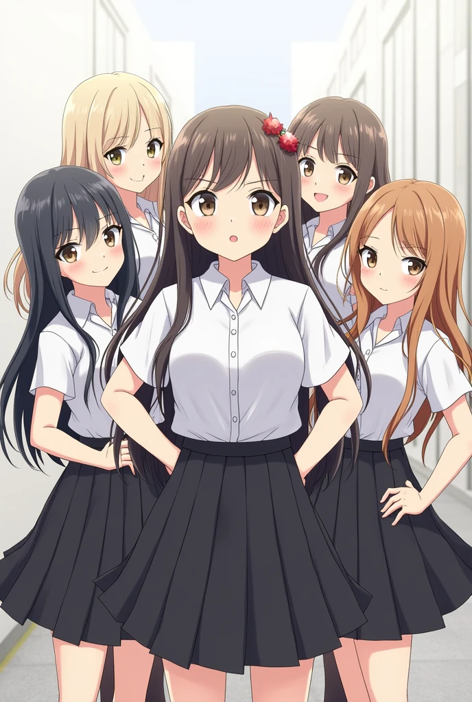 Group of school girls in white shirts and black skirts with long hair with their hands on their waists