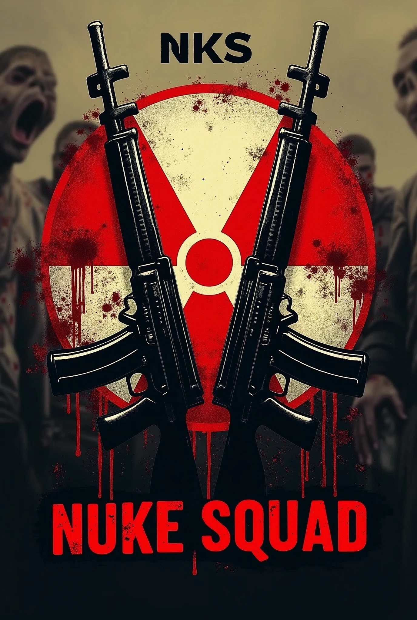Create a logo with the nuclear radiation symbol, next to two AK47s pointed upwards. In the background zombies with blood. Below the logo written NUKE SQUAD, com fonte Times New Roman. Above the logo the acronym NKS.