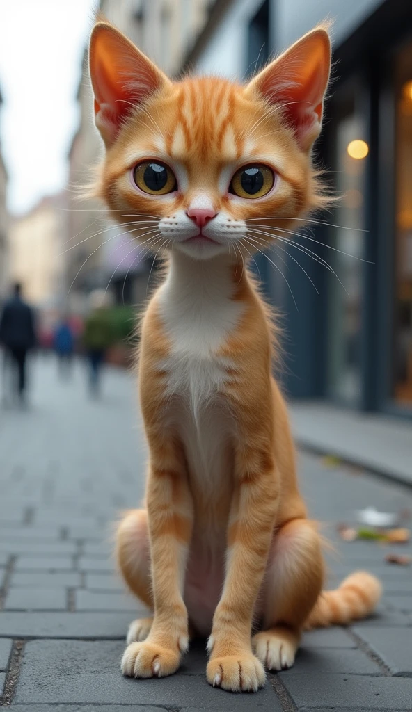 Imagine a weak cat，Anthropomorphic form，Hair，Listless facial expression，Thin body，Feet standing on the city street。