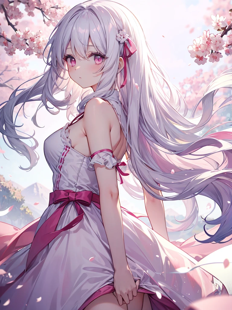 Solo, 1girl, Long Hair, Breasts, Hair Ribbon, High Resolution, Masterpiece, White Hair, Wavy Hair, sakura background, pink dress, From Side