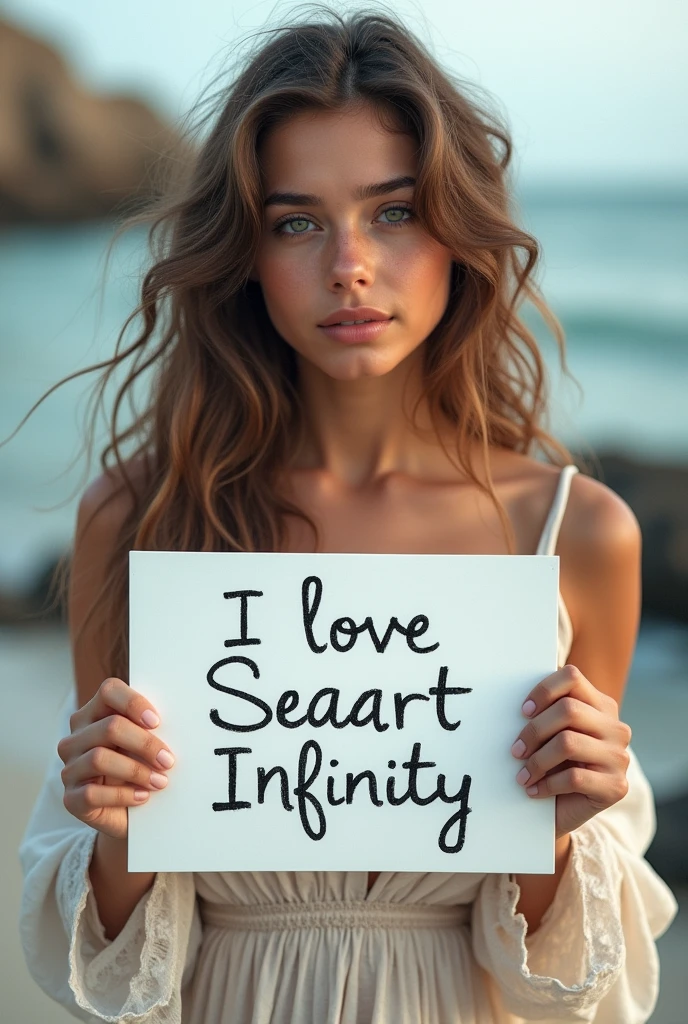 Beautiful girl with wavy long hair, bohemian dress, holding a white board with text "I Love Seaart Infinity" and showing it to the viewer