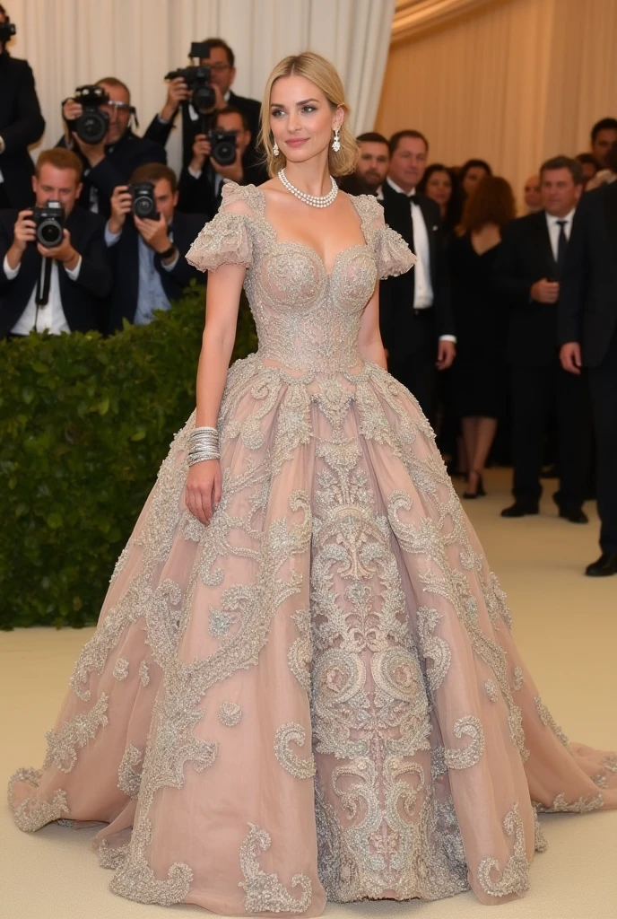 New York MET GALA event, dress core 1800 ancient, blonde model, paparazzi behind, complete dress extravagant, many accessories, pearls, pastel colors