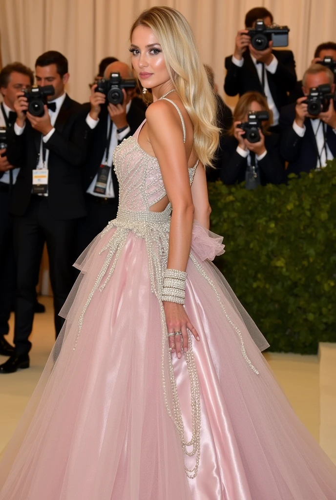 New York MET GALA event, dress core 1800 ancient, blonde model, paparazzi behind, complete dress extravagant, many accessories, pearls, pastel colors