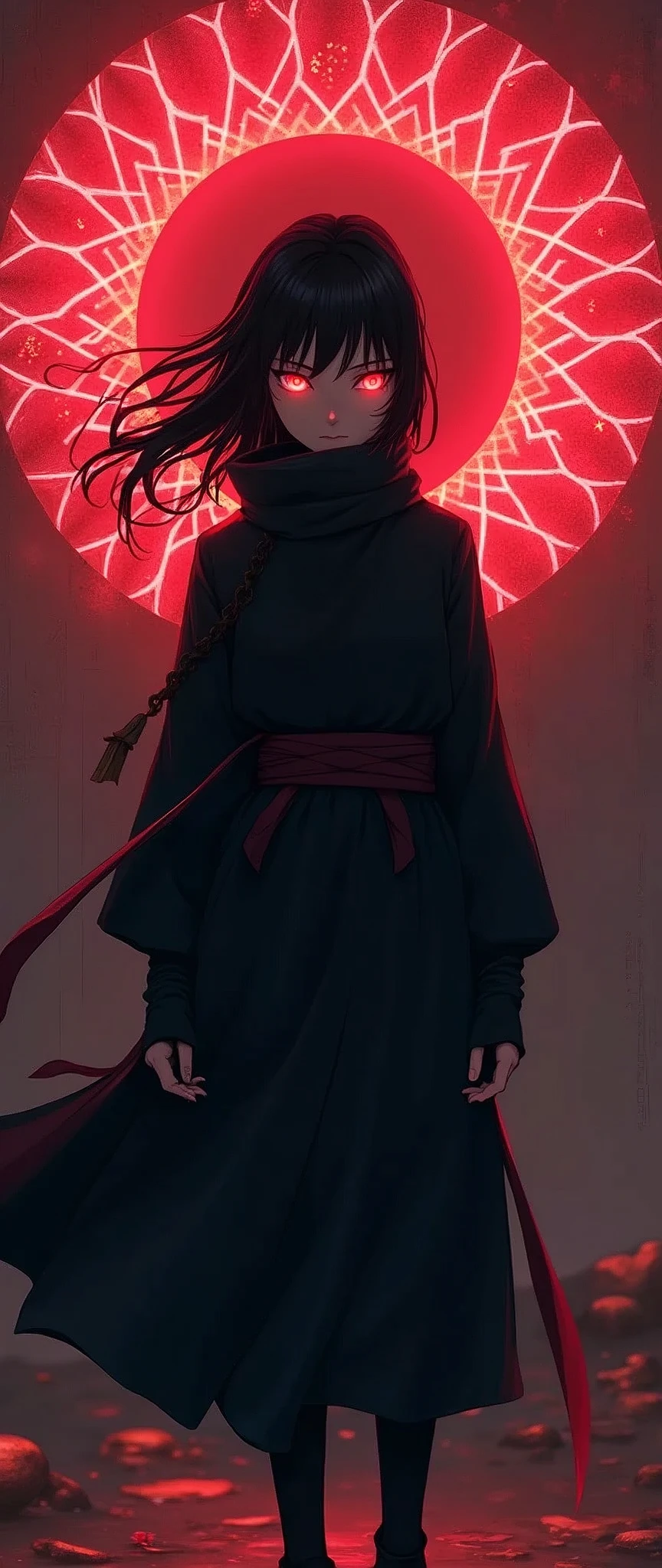 (masterpiece:1.2),(Highest quality),(Super detailed),(Ultra-high resolution),8k,wallpaper,(1 girl),(whole body:1.6),(front:1.6),(A beautiful female ninja is standing),(look at me),(Beautiful Face,Beautiful Eyes),(Red glowing eyes),(Black Costume),(Female ninjas use genjutsu),(The background is a beautiful geometric pattern like a kaleidoscope),Kaleidoscope Sharingan,(dynamic)