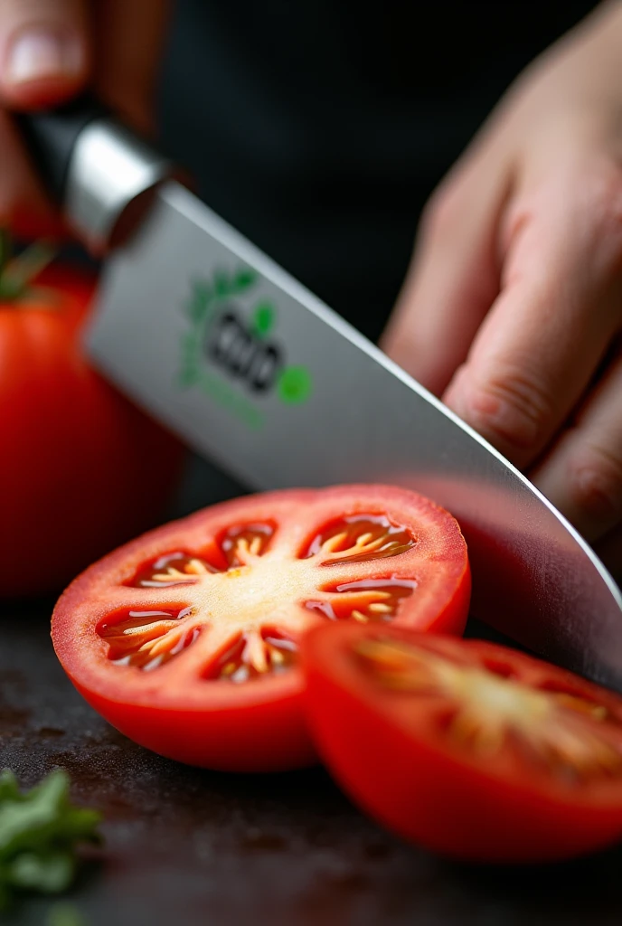 Close-up, high-resolution image of a person slicing a ripe red tomato on a dark surface. The person's hands, with light skin tone, are holding a sharp knife with a silver blade and a black handle. The knife has a logo and text on the blade in green and black. The tomato is being sliced into even, circular pieces, revealing its juicy interior and seeds. Another whole tomato is visible in the background, adding context to the scene. The overall composition is focused on the act of slicing, with a clear emphasis on the freshness and texture of the tomato.