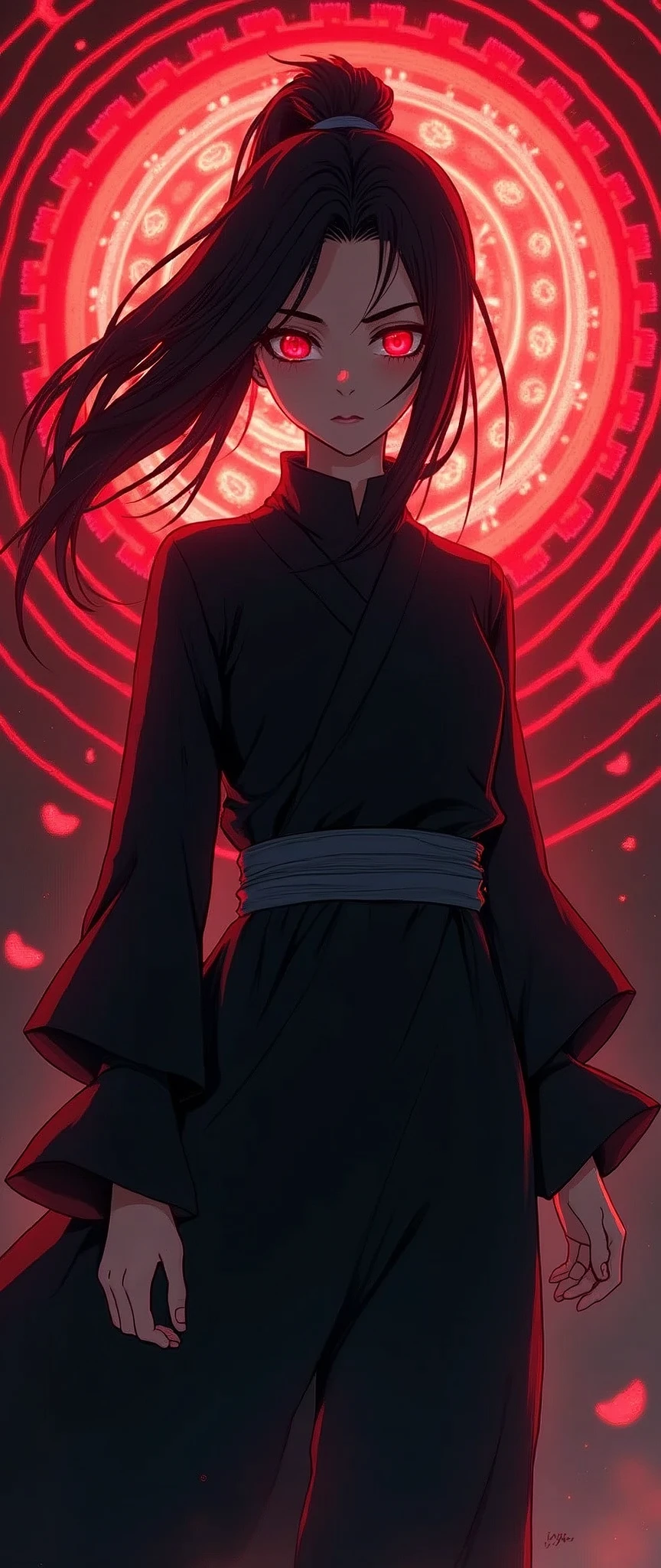 (masterpiece:1.2),(Highest quality),(Super detailed),(Ultra-high resolution),8k,wallpaper,(1 girl),(whole body:1.6),(front:1.6),(A beautiful female ninja is standing),(look at me),(Beautiful Face,Beautiful Eyes),(Red glowing eyes),(Black Costume),(Female ninjas use genjutsu),(The background is a beautiful geometric pattern like a kaleidoscope),Kaleidoscope Sharingan,(dynamic)
