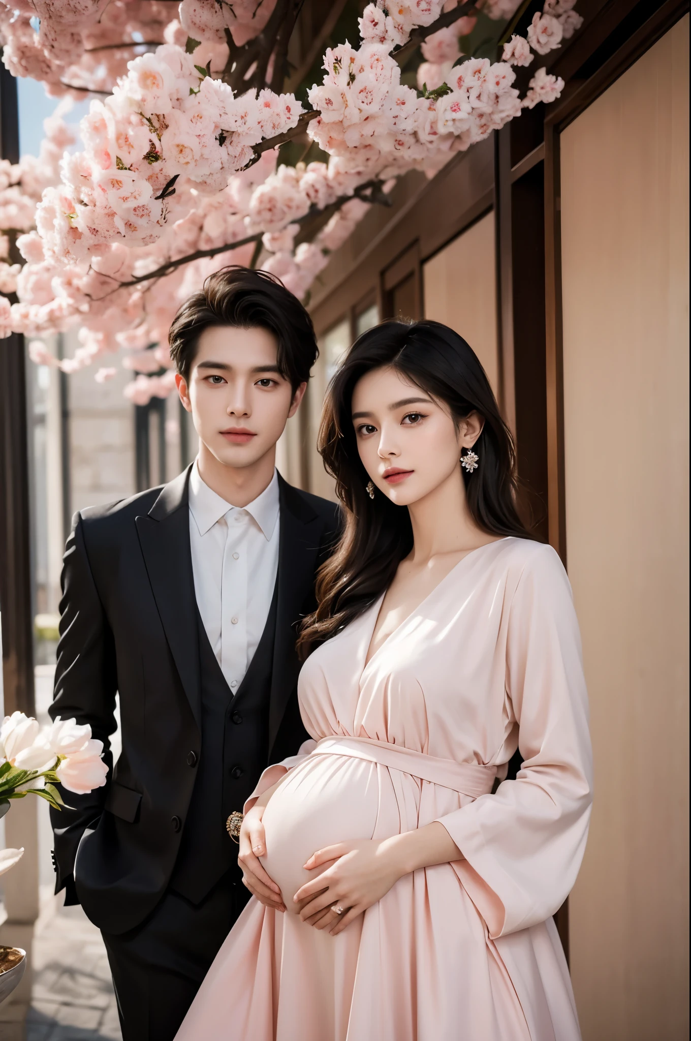 Modern. Suit men wear. elegant couple, One man and two beautiful pregnant girls. Dark Hair. Very detailed face. Cute eyes (Perfect Eyes). 8k resolution. masterpiece. romantic, like, Shining Light. View your viewers. petal. pastel colour.