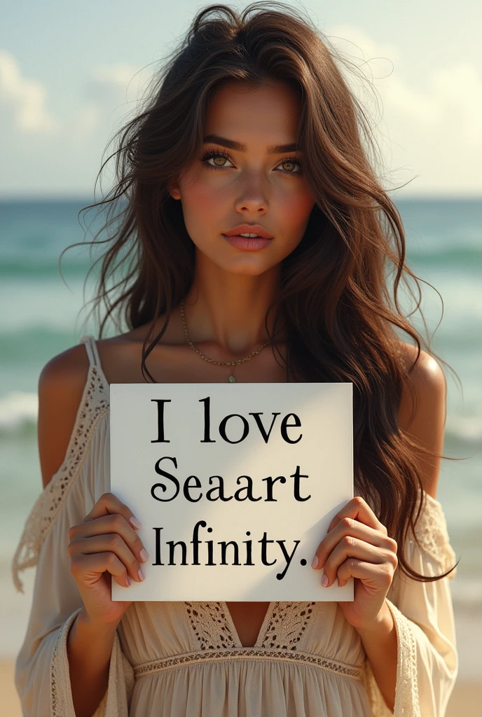 Beautiful girl with wavy long hair, bohemian dress, holding a white board with text "I Love Seaart Infinity" and showing it to the viewer