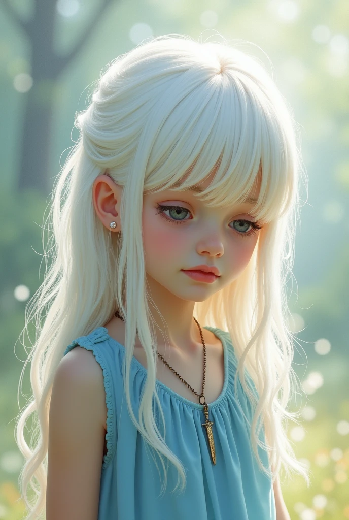 A 6  girl, long white hair, wearing a blue dress, necklace with small knife pendant.