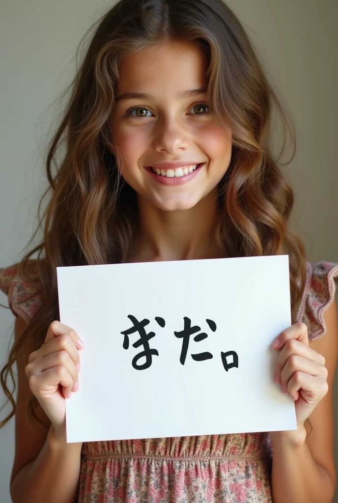 Beautiful girl with wavy long hair, bohemian dress, holding a white board with text "ハンバーガーこそが私の宝だ" and showing it to the viewer