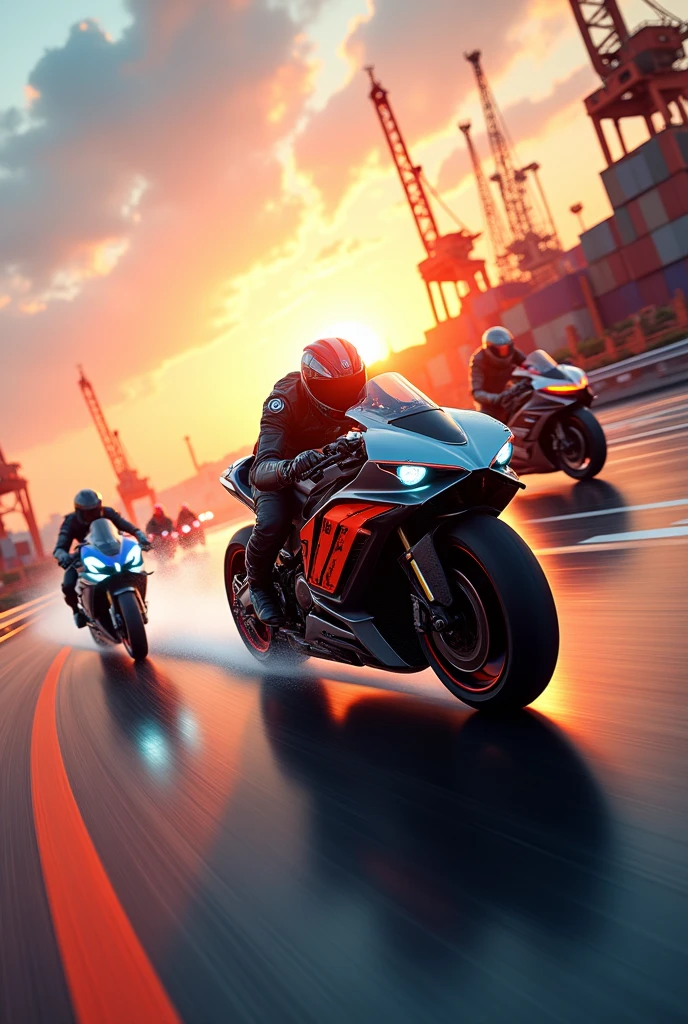 Futuristic super bike racing in a port with sunset 