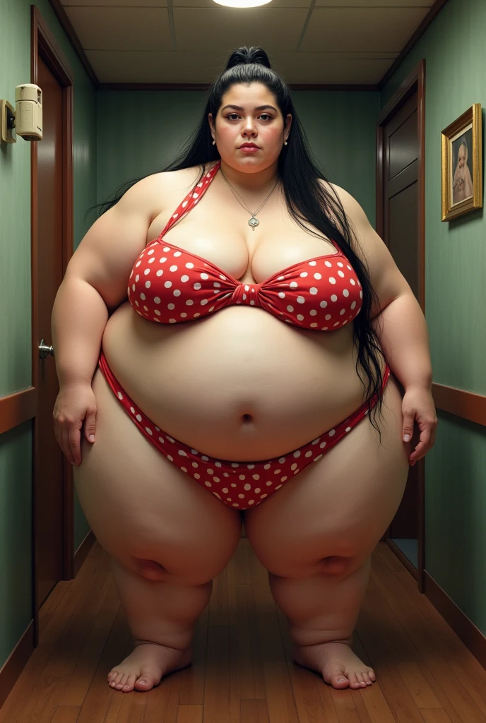 Create the brazilwood inside thais carla, a very fat woman, white, black and tied hair, lard , and with a heart-shaped bikini, woman fatter than a whale, and that is not tasty