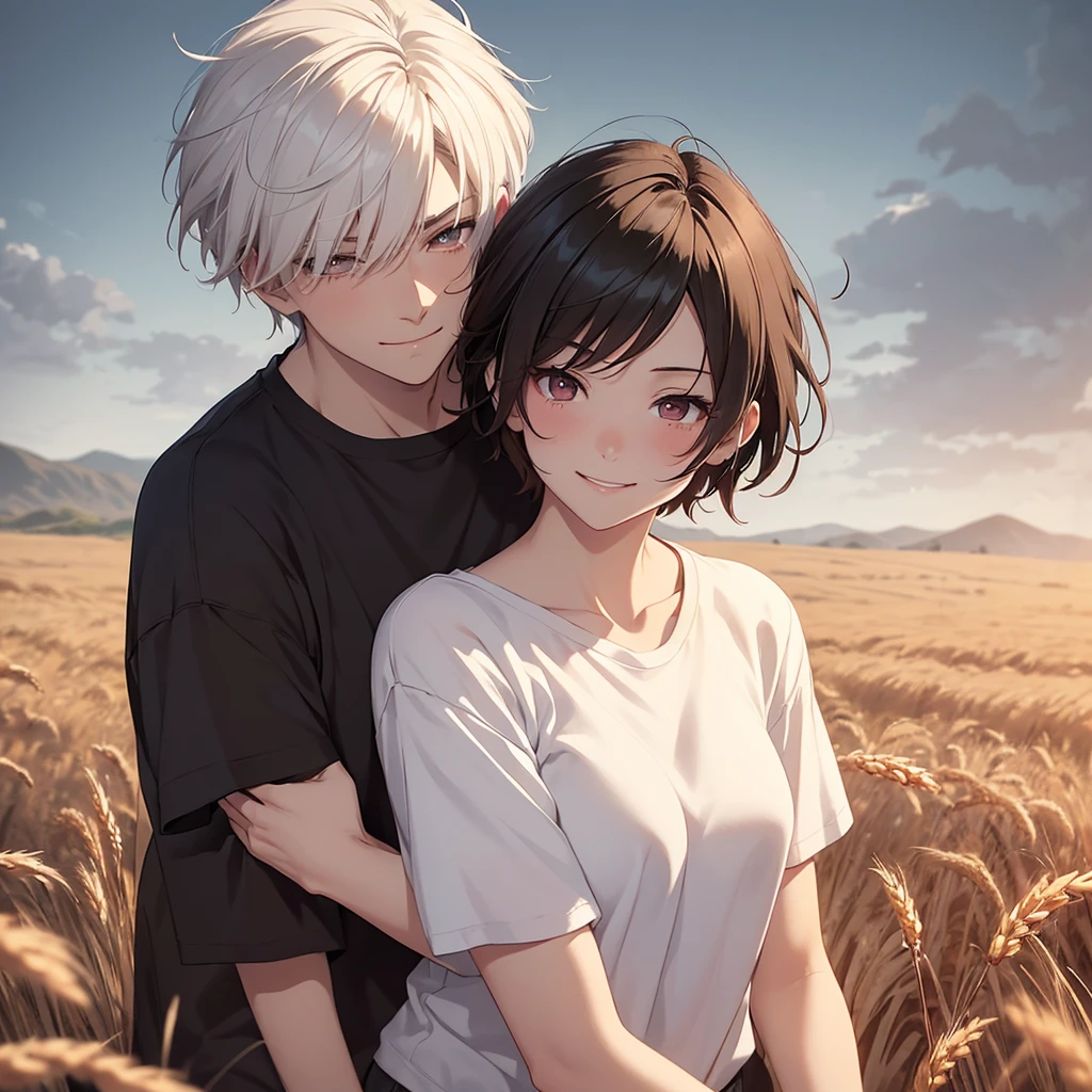 a short-haired white-haired gender female, messed by the wind, red-eyed, wearing a white t-shirt, smiling shyly, blushing face, gazing at a brown-haired gender male with black eyes, expressing a sincere smiling face, embracing each other tightly in a wheat field, gloomy evening atmosphere, realistic anime-style image with rgb lighting