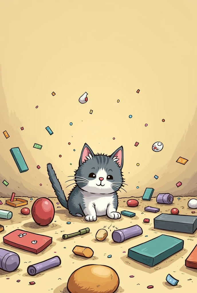 CARTOON where several objects are scattered, and a kitten is hidden among them.