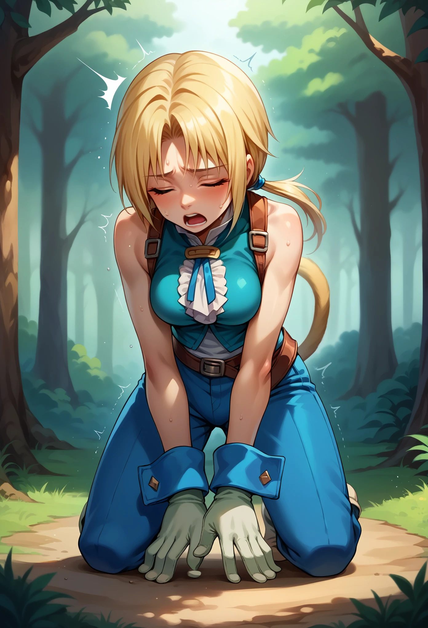 score_9, score_8_up, score_7_up, 1girl solo, female focus, medium breasts, zidane, blonde hair, medium hair, blue eyes, monkey tail, low ponytail, parted bangs, gloves, blue pants, standing, shocked, shaking, kneeling, hands on crotch, all fours, sweating, focus face, closed eyes, white aura, looking down , deep forest
