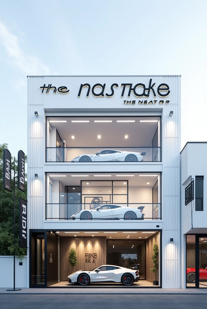 “A three-story car modification shop named 'The Natraj,' with a fully white building and a very beautiful aesthetic elevation. There are no glass windows at the front. At the bottom, there is a black border with a transparent square door. On the right side, there is a large transparent glass section displaying a sports car inside, and large modification flags are placed on the side."