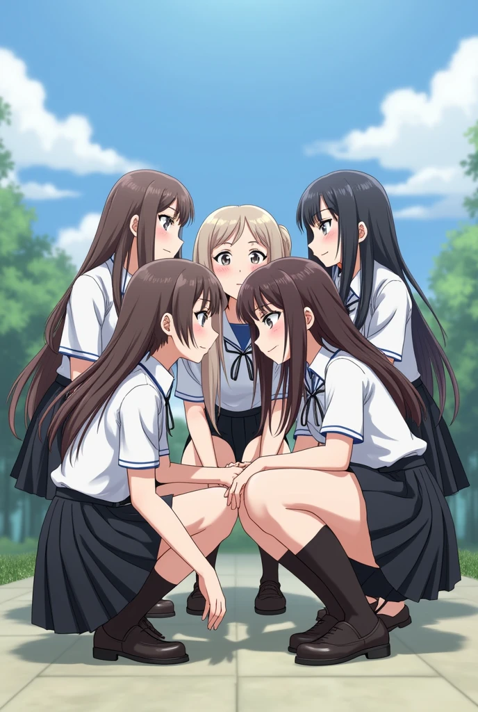 Group of school girls in white shirts and black skirts with long hair crouching 
