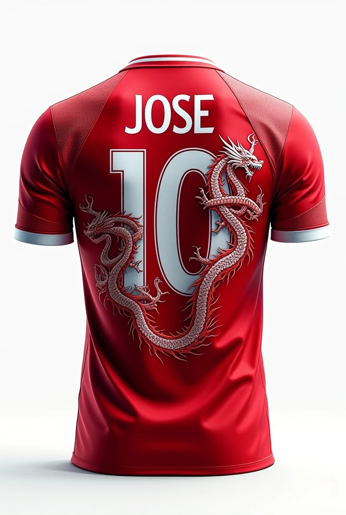 A football shirt with the number 10 on the BACK with the colors white and red with dragons passing through the number 10 with a white background without a player with the name JOSE a little large below the number with white details on the sleeve and on the bottom of the shirt
