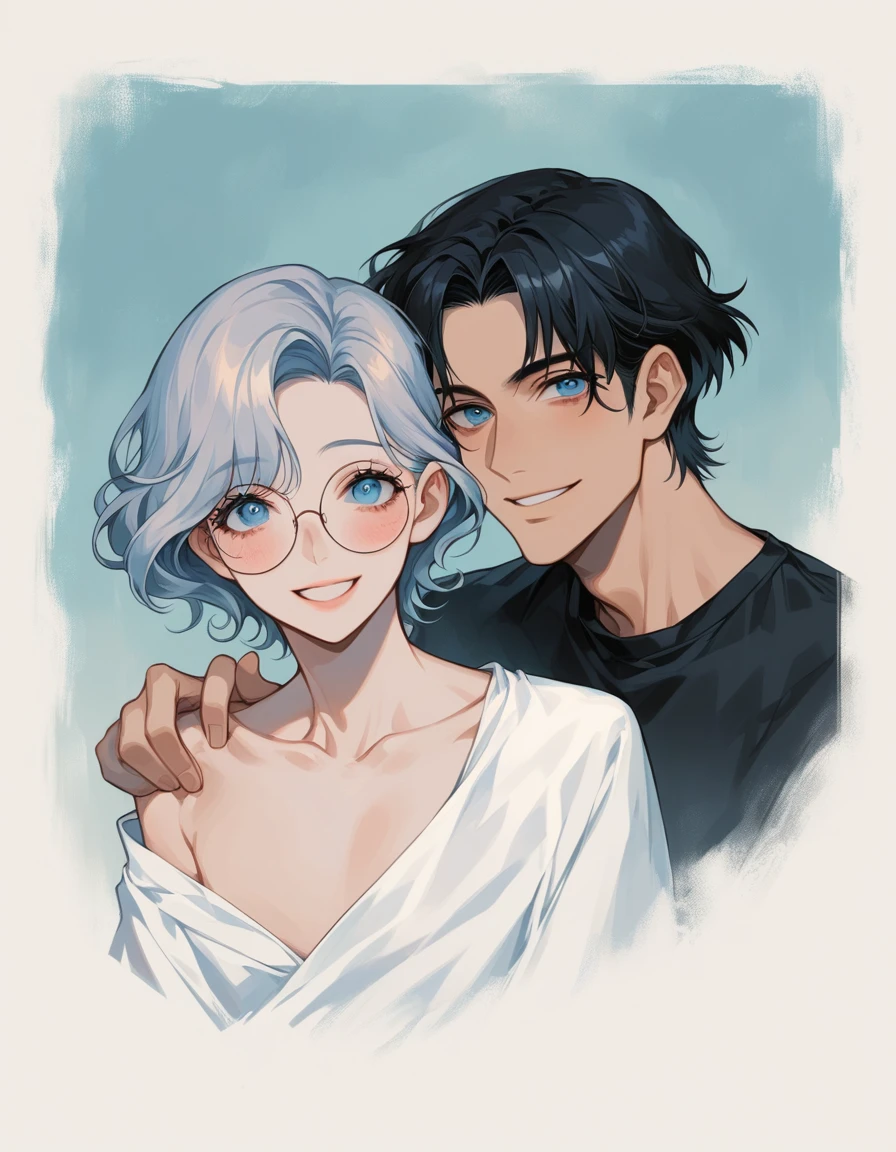 (full-body view))), ((girl and man)), ((dark fantasy)), mature male, 30-ish, (wide shoulder), ((no chest hair)),man with short black Quiff hair with Soft Fringe, (bangs part on side 3:7 ratio), blue eyes, upper body, short hair, looking at viewer, parted lips, round eyewear, showing a bit of muscles,(( girl with wavy hair, pale skin, long light blond hair),((light blue eyes)), freckles,(girl 16 years old),erotic posing,Gothic background, Dark fantastic view,Best Quality,masutepiece,8K,The ultimate detailed dark background, Top image quality、RAW photography、超A high resolution,cropped shoulders, overall look is very erotic, model shoot, round chest, Beautiful Eyes of Details、Very slender eyes、Beautiful eyelashes、Very slim physique, with blush cheeks, bedroom background, (happy) (smile)