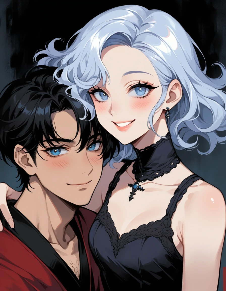 (full-body view))), ((girl and man)), ((dark fantasy)), mature male, 30-ish, (wide shoulder), ((no chest hair)),man with short black Quiff hair with Soft Fringe, (bangs part on side 3:7 ratio), blue eyes, upper body, short hair, looking at viewer, parted lips, round eyewear, showing a bit of muscles,(( girl with wavy hair, pale skin, long light blond hair),((light blue eyes)), freckles,(girl ),erotic posing,Gothic background, Dark fantastic view,Best Quality,masutepiece,8K,The ultimate detailed dark background, Top image quality、RAW photography、超A high resolution,cropped shoulders, overall look is very erotic, model shoot, round chest, Beautiful Eyes of Details、Very slender eyes、Beautiful eyelashes、Very slim physique, with blush cheeks, bedroom background, (happy) (smile)