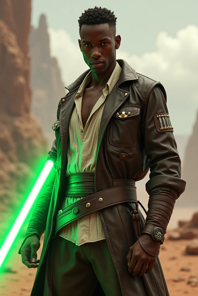 Star Wars, handsome, black american, light skinned male, teenager, star wars smuggler outfit, green lightsaber