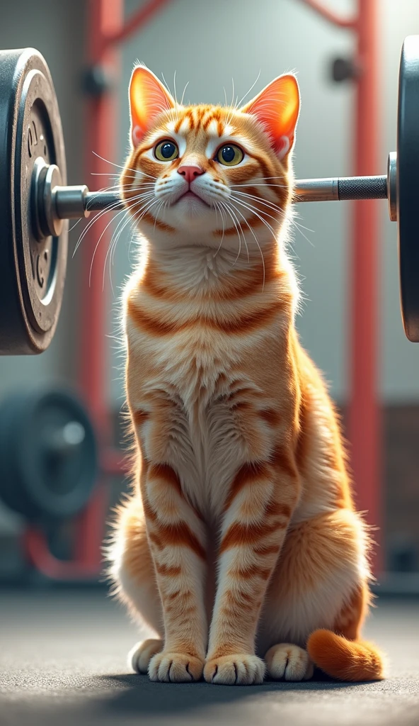 Draw a fitness cat,Standing form,Clean and jerk barbell,Half squat position,Working out at the gym。