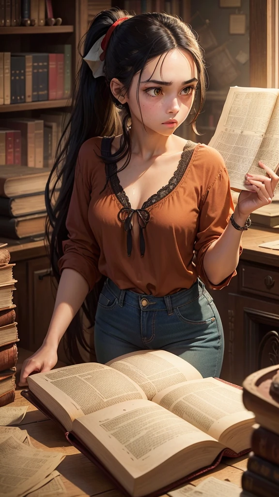 A 17-year-old girl with long black hair tied in a ponytail, green eyes, and light brown skin. She wears a red blouse and denim pants. She is examining an old map with a focused expression, surrounded by historical books and artifacts.