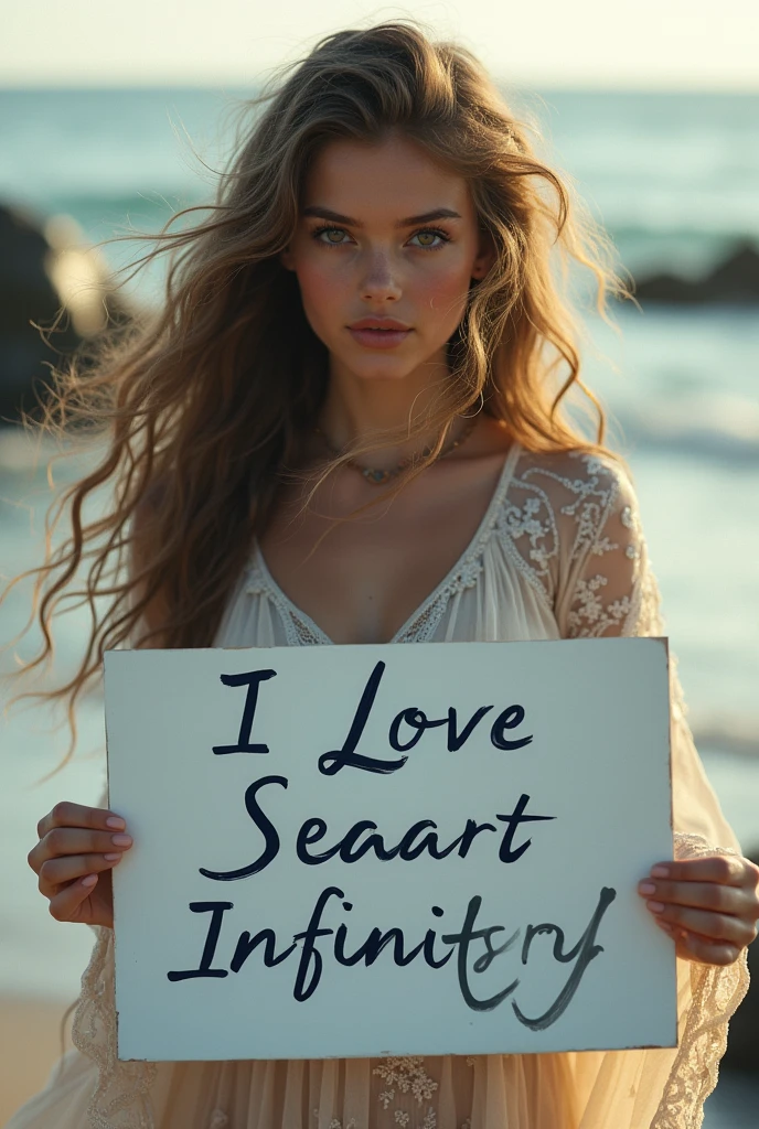 Beautiful girl with wavy long hair, bohemian dress, holding a white board with text "I Love Seaart Infinity" and showing it to the viewer