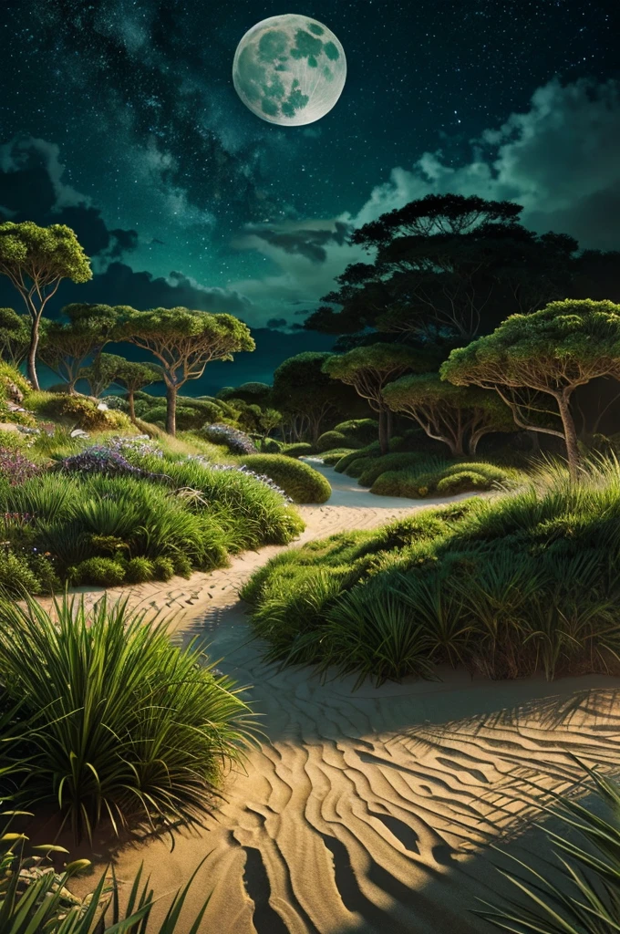 large moon, stunning moon, a lush eden, paradise overflowing with fauna, emerald dunes in the distance, raging winds, exotic features, remarkable landscape, stunning features, exaggerated tones, exaggerated proportions, a night sky clear of clouds, shimmering stars, luminous moonlight, shimmering sands of green, hyper detailed, vibrant colors, cinematic light, 8k, masterpiece, photorealistic, award winning, stunning landscape, intricate details, dramatic atmosphere, tones of green, shades of emerald