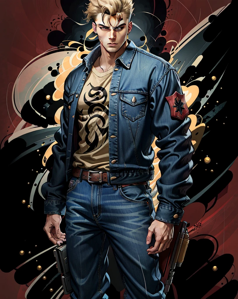 Wide shot of a handsome wheatish skinned man in a shirt and denim pants. in the style of 0mib. Digital painting, overdetailed, best quality, hard lighting. Background is light, bright and vibrant with detailed vector art.