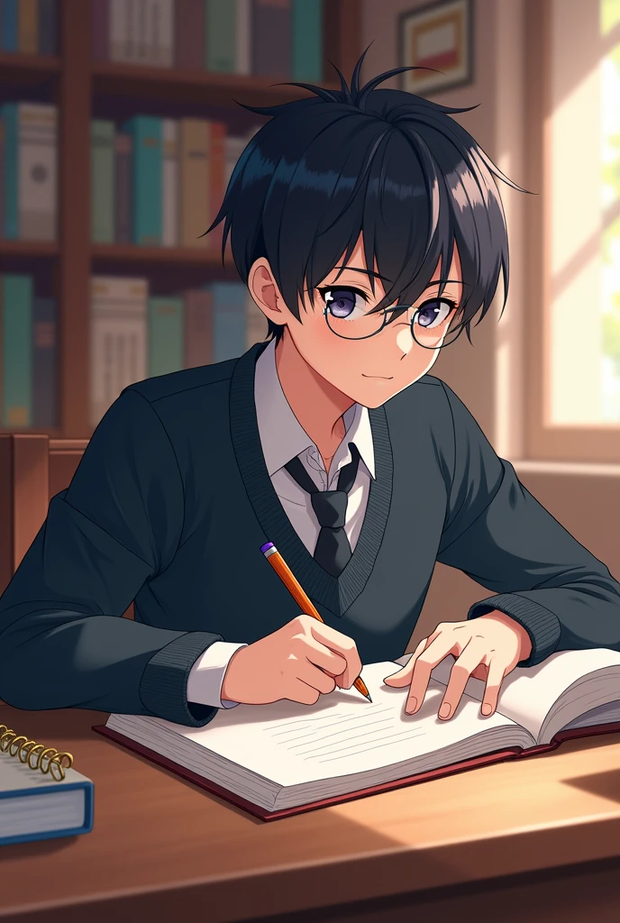 An anime boy studying 