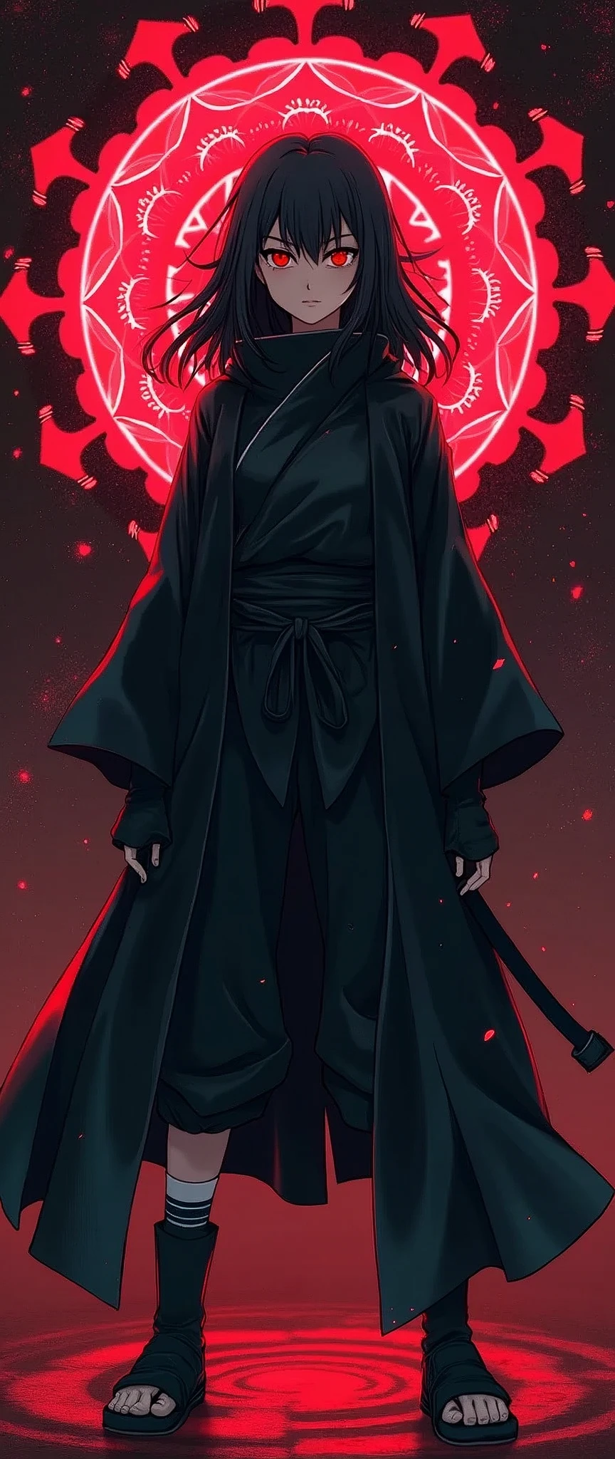 (masterpiece:1.2),(Highest quality),(Super detailed),(Ultra-high resolution),(Best illustrations),8k,wallpaper,(1 girl),(whole body:1.6),(front:1.6),(A beautiful female ninja is standing),(look at me),(Beautiful Face,Beautiful Eyes),(Red glowing eyes),(Black Costume),(Female ninjas use genjutsu),(The background is a beautiful geometric pattern like a kaleidoscope),Kaleidoscope Sharingan,(dynamic)