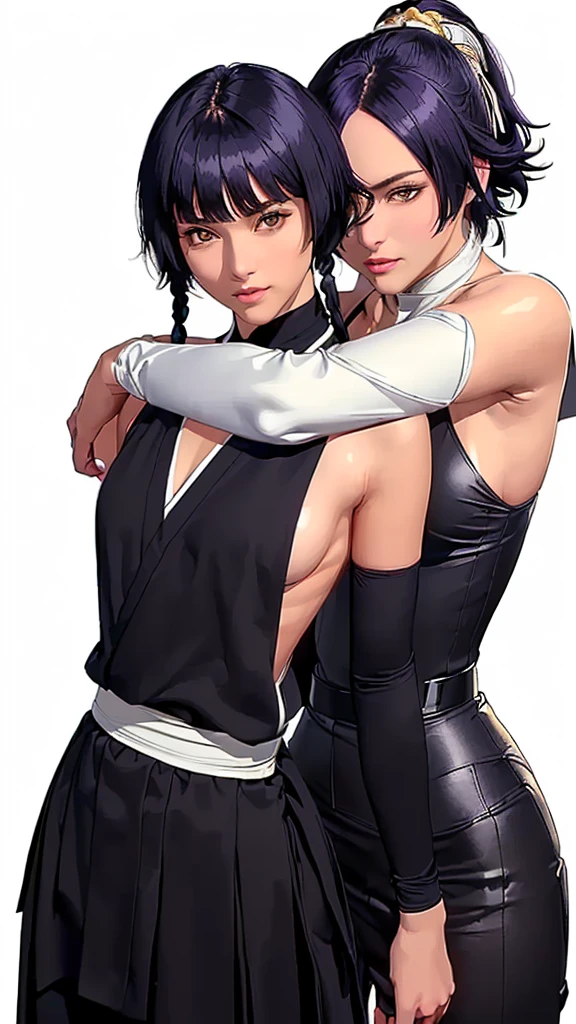 (（（Perfect body,White and tender skin,（（（japanese clothes, sideboob，Black top, Gold belt, black sleeves, black Japanese pants ）））,（（（sui-feng, short hair, short hair with long locks，Black hair））），((masterpiece)),high resolution, ((Best quality at best)),masterpiece,quality,Best quality,（（（ Exquisite facial features,Looking at the audience,There is light in the eyes,Smile））），Two Women，Embrace）））,（（（Light and shadow,Small chest，）））,（（（Looking at the camera,White background,)））),