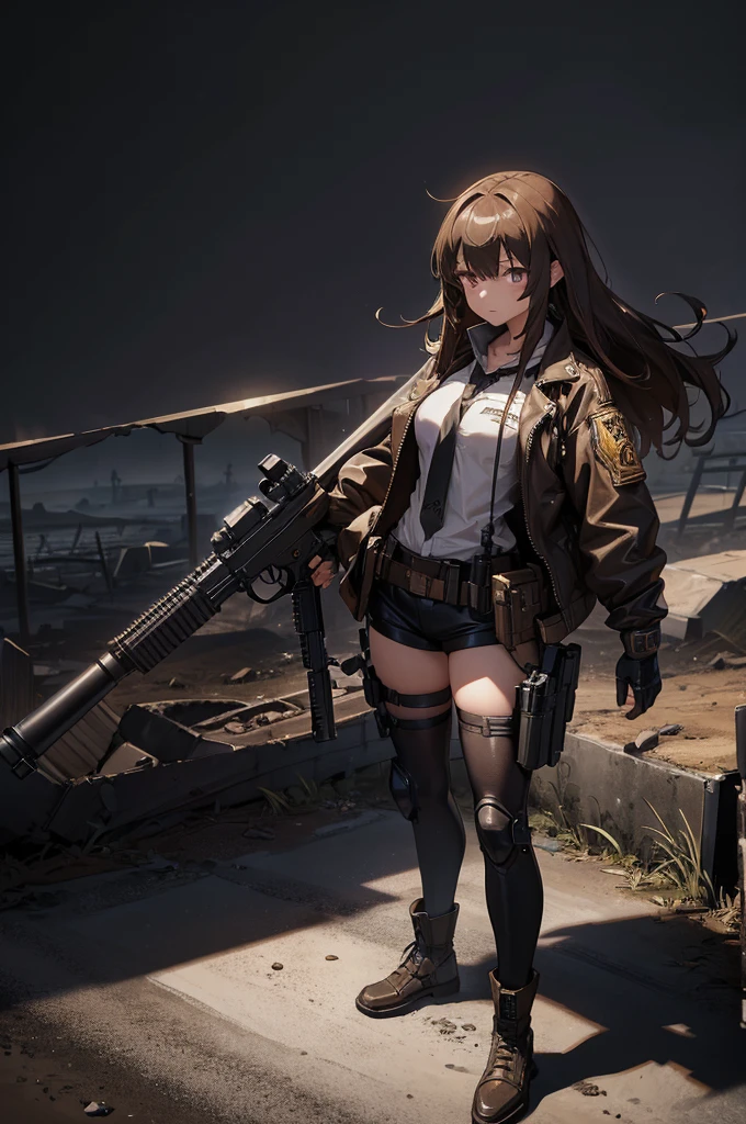 In the spotlight, holding_gun, assault_rifle, Very detailed, Brown Hair, Long Hair, Anime Style, whole body, alone, Stylish Gunfighter Girl, Holding a steampunk long barrel pistol,Standing in the wasteland, 8K high resolution, White Background, The background is a dark and desolate landscape, Horror movie atmosphere. Her figure is very beautiful, Emphasizing the dark and crazy elements. Skillfully expressing the effects of light and shadow, Anime girls with guns and rifles, from Girls&#39; Frontline, mechanized soldier girl, Girls&#39; Frontline style