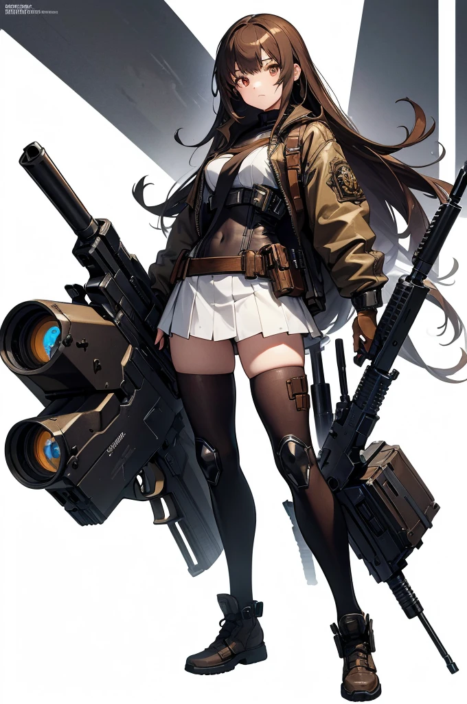 In the spotlight, holding_gun, assault_rifle, Very detailed, Brown Hair, Long Hair, Anime Style, whole body, alone, Stylish Gunfighter Girl, Holding a steampunk long barrel pistol,Standing in the wasteland, 8K high resolution, White Background, The background is a dark and desolate landscape, Horror movie atmosphere. Her figure is very beautiful, Emphasizing the dark and crazy elements. Skillfully expressing the effects of light and shadow, Anime girls with guns and rifles, from Girls' Frontline, mechanized soldier girl, Girls' Frontline style